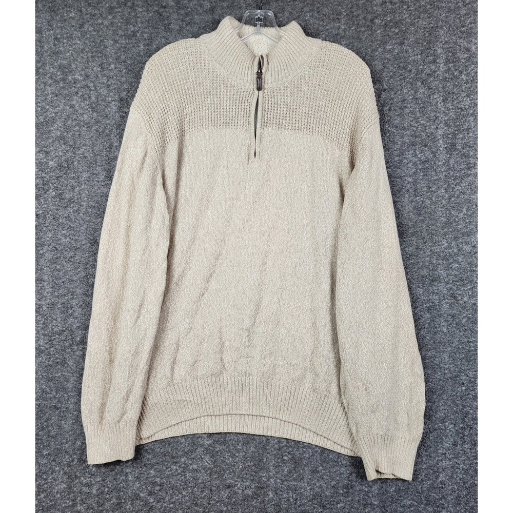 Haggar Clothing Quarter Zip Sweater Men XXL Beige‎ Faux Fur Collar Cotton Knit